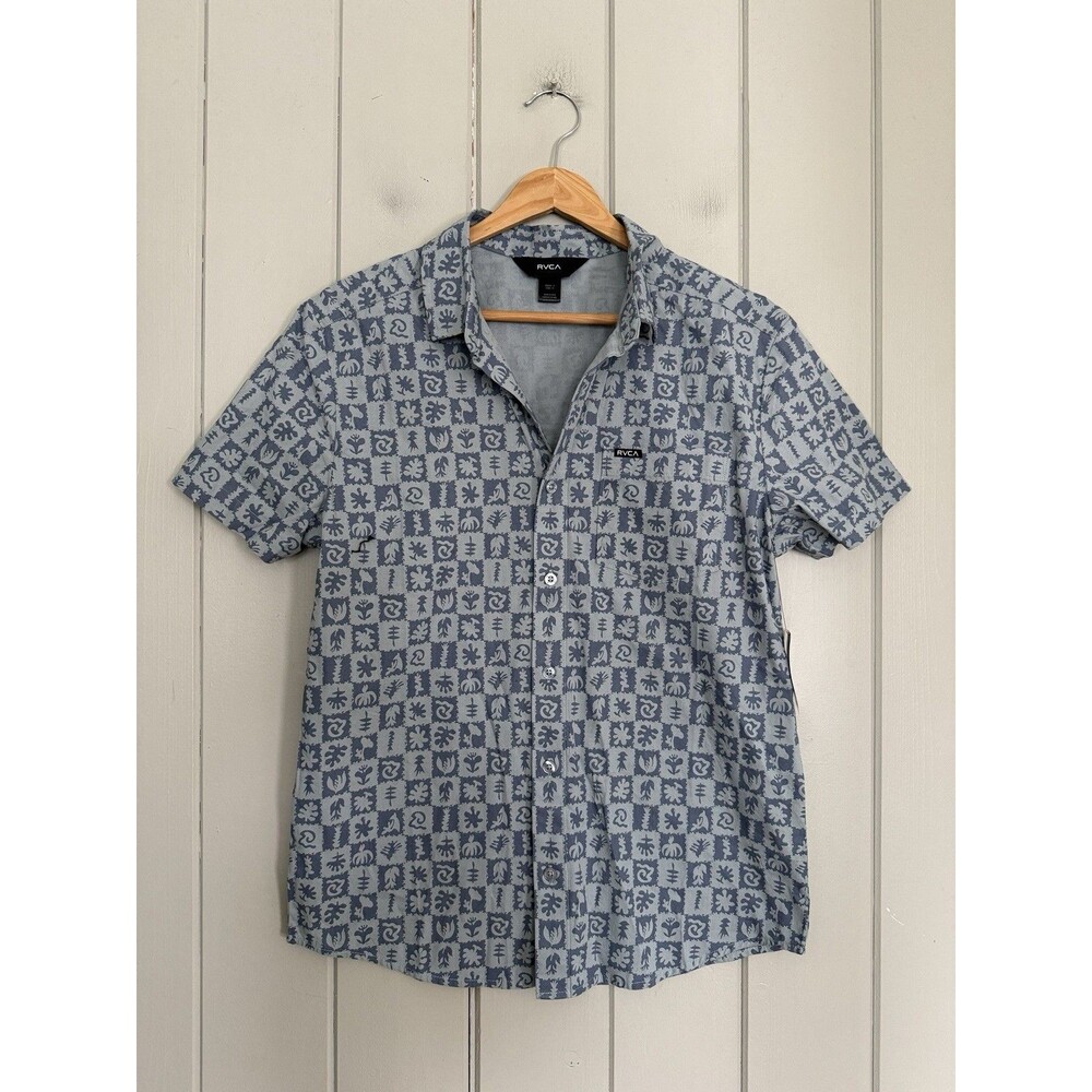 NWT RVCA Kimura Short Sleeve Button Shirt S Small Blue Collar Abstract Pattern